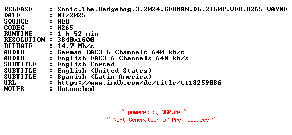 NFO for the release Sonic.The.Hedgehog.3.2024.GERMAN.DL.2160P.WEB.H265-WAYNE by WAYNE