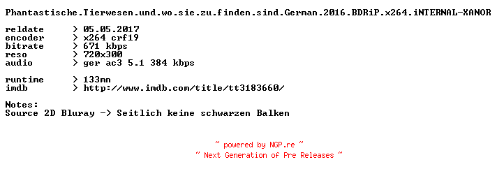 NFO for the release Phantastische.Tierwesen.und.wo.sie.zu.finden.sind.German.2016.BDRiP.x264.iNTERNAL-XANOR by XANOR