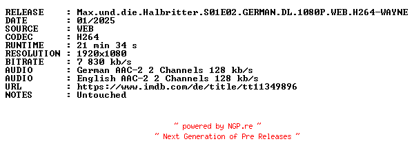 NFO for the release Max.und.die.Halbritter.S01E02.GERMAN.DL.1080P.WEB.H264-WAYNE by WAYNE
