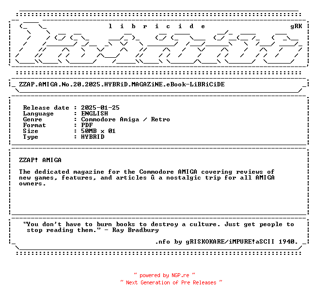 NFO for the release ZZAP.AMIGA.No.20.2025.HYBRiD.MAGAZiNE.eBook-LiBRiCiDE by LiBRiCiDE