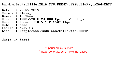 NFO for the release Au.Nom.De.Ma.Fille.2016.STV.FRENCH.720p.BluRay.x264-ZEST by ZEST