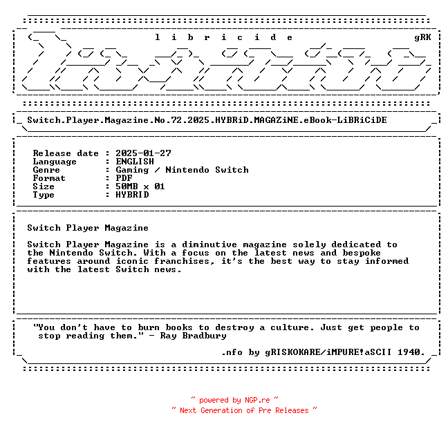 NFO for the release Switch.Player.Magazine.No.72.2025.HYBRiD.MAGAZiNE.eBook-LiBRiCiDE by LiBRiCiDE