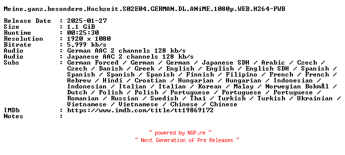 NFO for the release Meine.ganz.besondere.Hochzeit.S02E04.GERMAN.DL.ANiME.1080p.WEB.H264-FWB by FWB