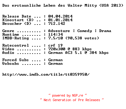 NFO for the release Das.erstaunliche.Leben.des.Walter.Mitty.German.BDRiP.x264-EXQUiSiTE by EXQUiSiTE