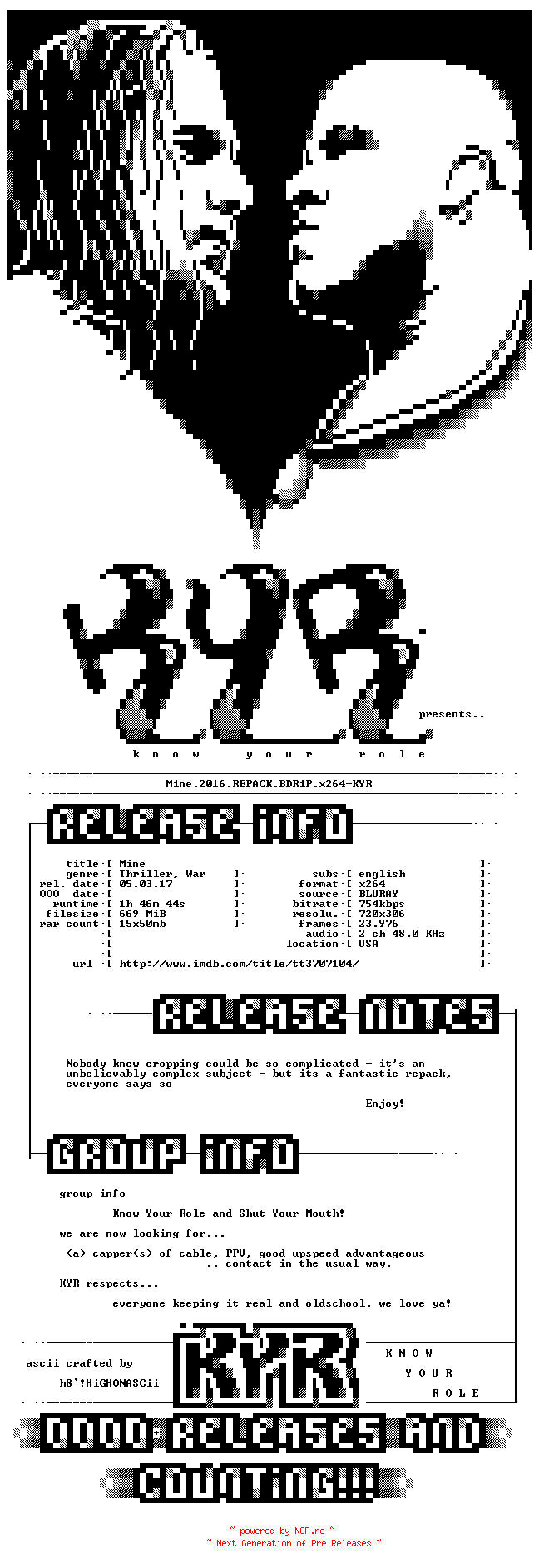 NFO for the release Mine.2016.REPACK.BDRiP.x264-KYR by KYR