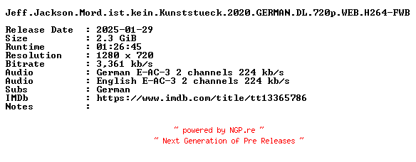 NFO for the release Jeff.Jackson.Mord.ist.kein.Kunststueck.2020.GERMAN.DL.720p.WEB.H264-FWB by FWB
