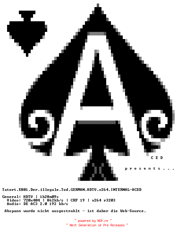 NFO for the release Tatort.E801.Der.illegale.Tod.GERMAN.HDTV.x264.INTERNAL-ACED by ACED