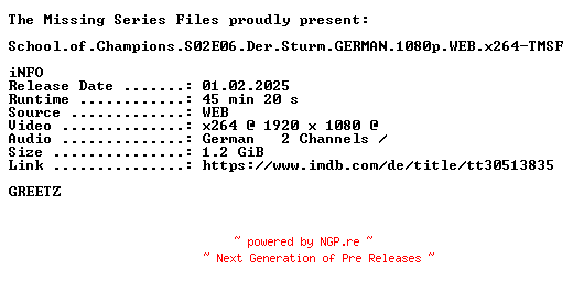 NFO for the release School.of.Champions.S02E06.Der.Sturm.GERMAN.1080p.WEB.x264-TMSF by TMSF