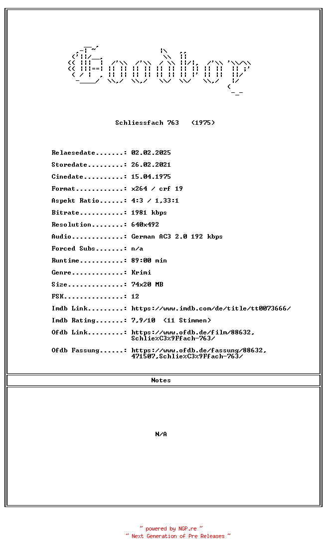 NFO for the release Schliessfach.763.GERMAN.1975.FS.AC3.DVDRiP.x264-Goodboy by Goodboy