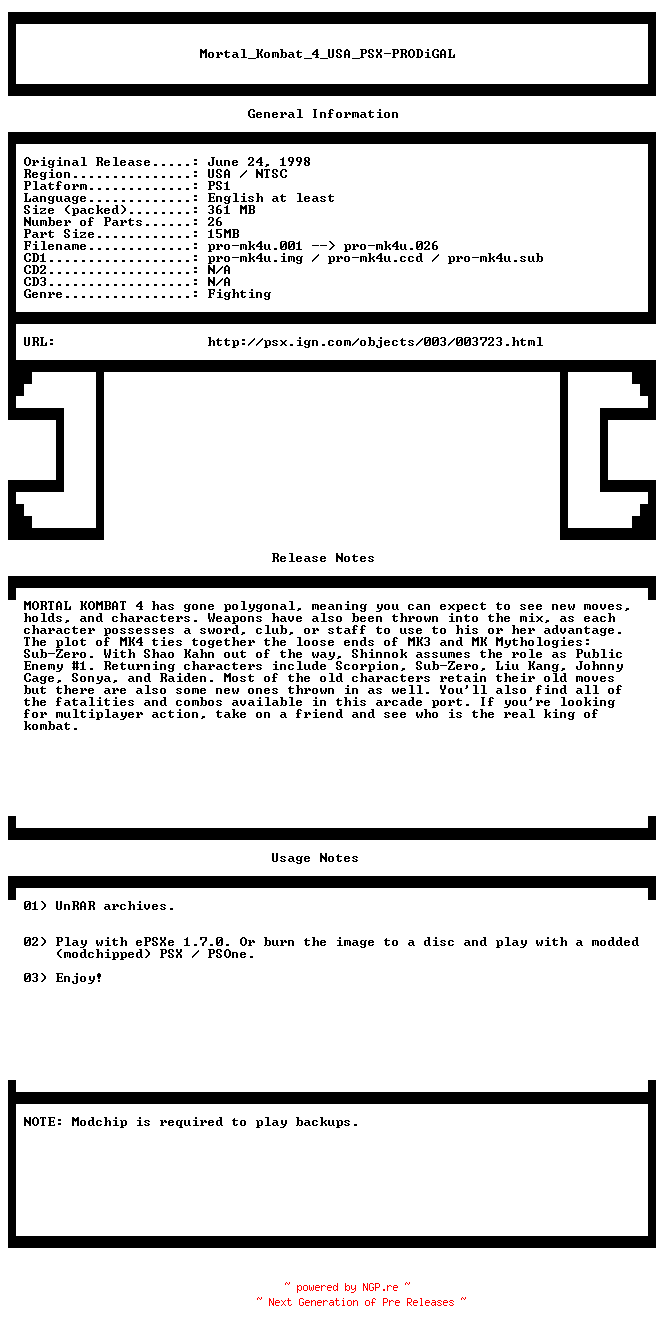 NFO for the release Mortal_Kombat_4_USA_PSX-PRODiGAL by PRODiGAL
