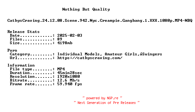 NFO for the release CathysCraving.24.12.08.Scene.942.Nyc.Creampie.Gangbang.1.XXX.1080p.MP4-NBQ by NBQ