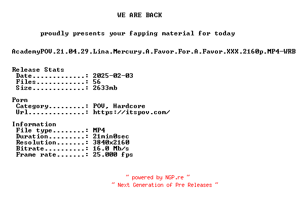 NFO for the release AcademyPOV.21.04.29.Lina.Mercury.A.Favor.For.A.Favor.XXX.2160p.MP4-WRB by WRB