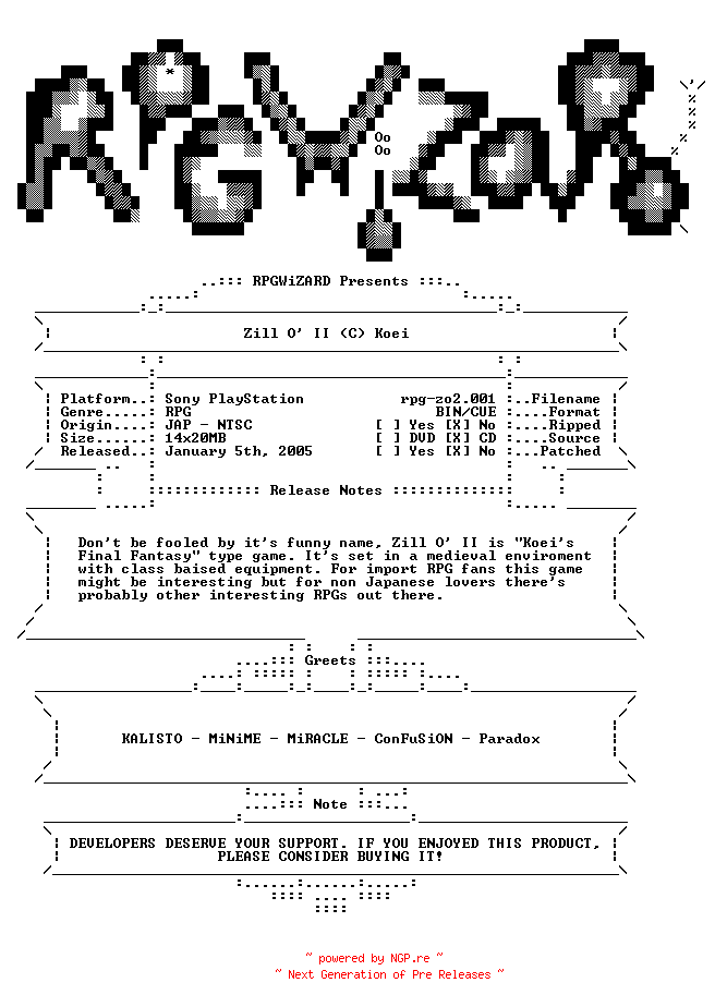 NFO for the release Zill_O_II_JAP_iNTERNAL_PS1-RPG by RPG