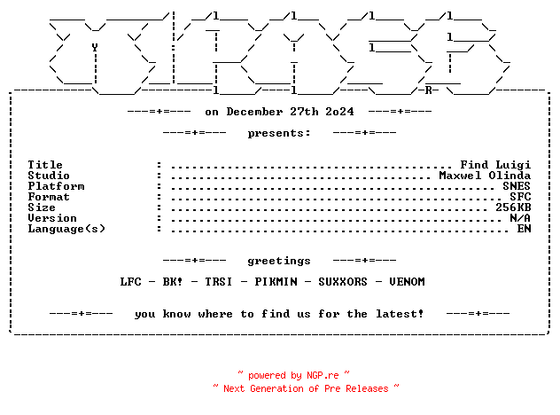 NFO for the release Find_Luigi_SNES-MiRAGE by MiRAGE