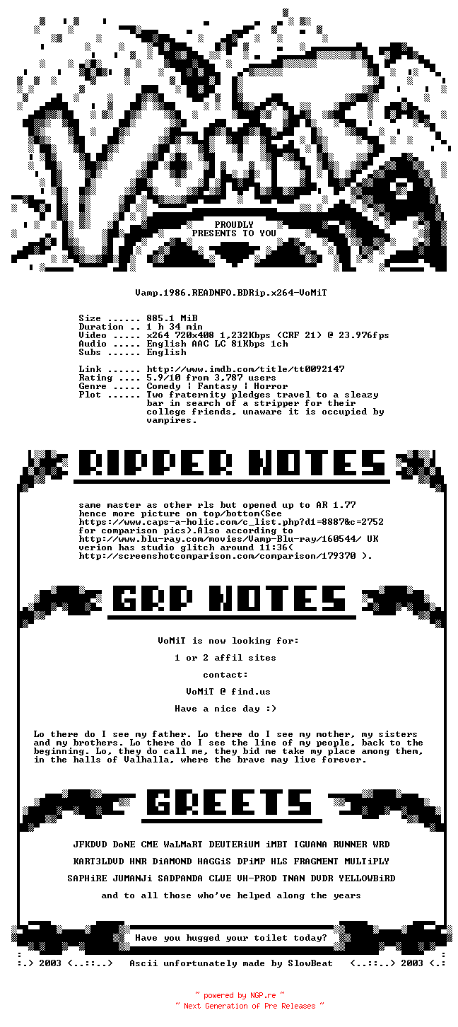 NFO for the release Vamp.1986.READNFO.BDRip.x264-VoMiT by VoMiT