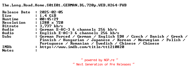 NFO for the release The.Long.Road.Home.S01E01.GERMAN.DL.720p.WEB.H264-FWB by FWB