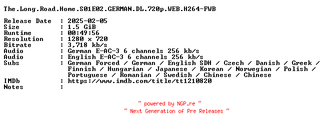 NFO for the release The.Long.Road.Home.S01E02.GERMAN.DL.720p.WEB.H264-FWB by FWB