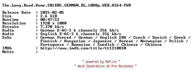 NFO for the release The.Long.Road.Home.S01E05.GERMAN.DL.1080p.WEB.H264-FWB by FWB