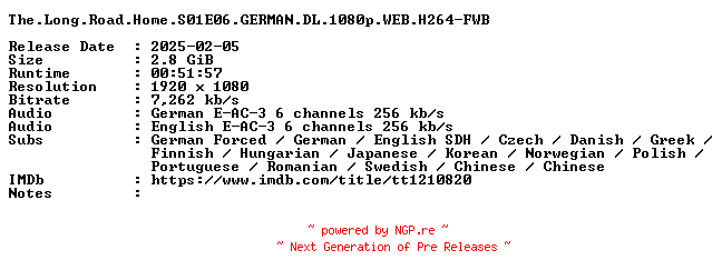 NFO for the release The.Long.Road.Home.S01E06.GERMAN.DL.1080p.WEB.H264-FWB by FWB