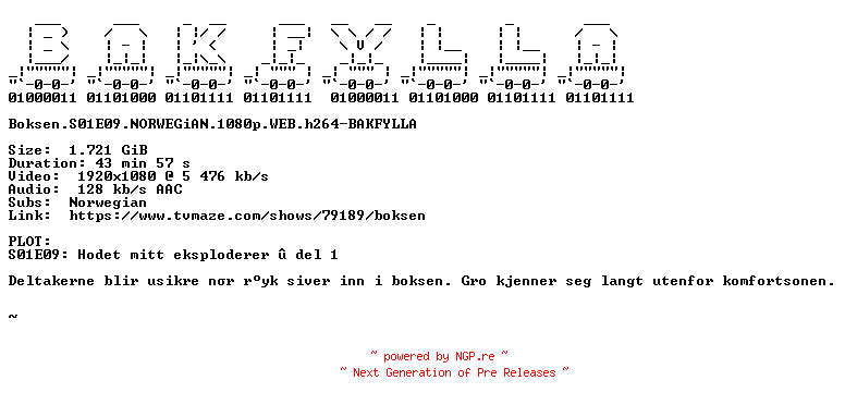NFO for the release Boksen.S01E09.NORWEGiAN.1080p.WEB.h264-BAKFYLLA by BAKFYLLA