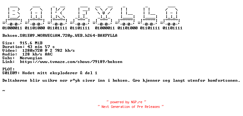 NFO for the release Boksen.S01E09.NORWEGiAN.720p.WEB.h264-BAKFYLLA by BAKFYLLA