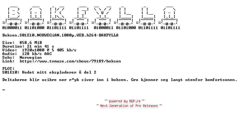 NFO for the release Boksen.S01E10.NORWEGiAN.1080p.WEB.h264-BAKFYLLA by BAKFYLLA