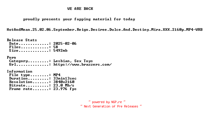 NFO for the release HotAndMean.25.02.06.September.Reign.Desiree.Dulce.And.Destiny.Mira.XXX.2160p.MP4-WRB by WRB