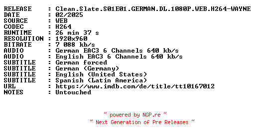 NFO for the release Clean.Slate.S01E01.GERMAN.DL.1080P.WEB.H264-WAYNE by WAYNE