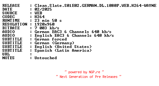 NFO for the release Clean.Slate.S01E02.GERMAN.DL.1080P.WEB.H264-WAYNE by WAYNE