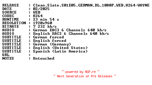 NFO for the release Clean.Slate.S01E05.GERMAN.DL.1080P.WEB.H264-WAYNE by WAYNE