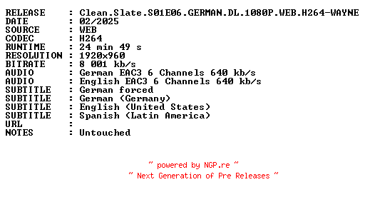 NFO for the release Clean.Slate.S01E06.GERMAN.DL.1080P.WEB.H264-WAYNE by WAYNE