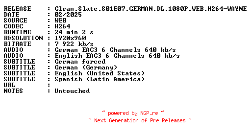 NFO for the release Clean.Slate.S01E07.GERMAN.DL.1080P.WEB.H264-WAYNE by WAYNE