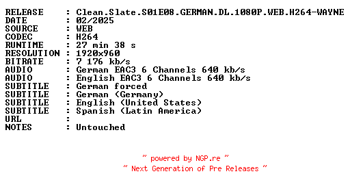 NFO for the release Clean.Slate.S01E08.GERMAN.DL.1080P.WEB.H264-WAYNE by WAYNE