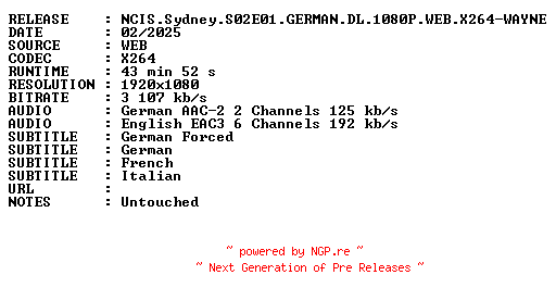 NFO for the release NCIS.Sydney.S02E01.GERMAN.DL.1080P.WEB.X264-WAYNE by WAYNE
