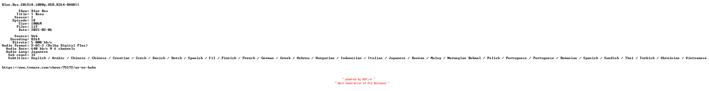 NFO for the release Blue.Box.S01E18.1080p.WEB.H264-KAWAII by KAWAII