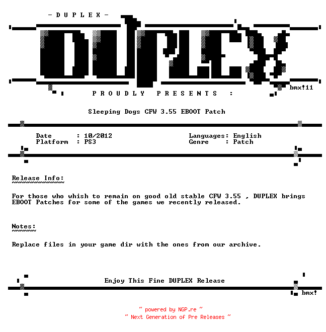 NFO for the release Sleeping.Dogs.Eboot.Patch.PS3-DUPLEX by DUPLEX