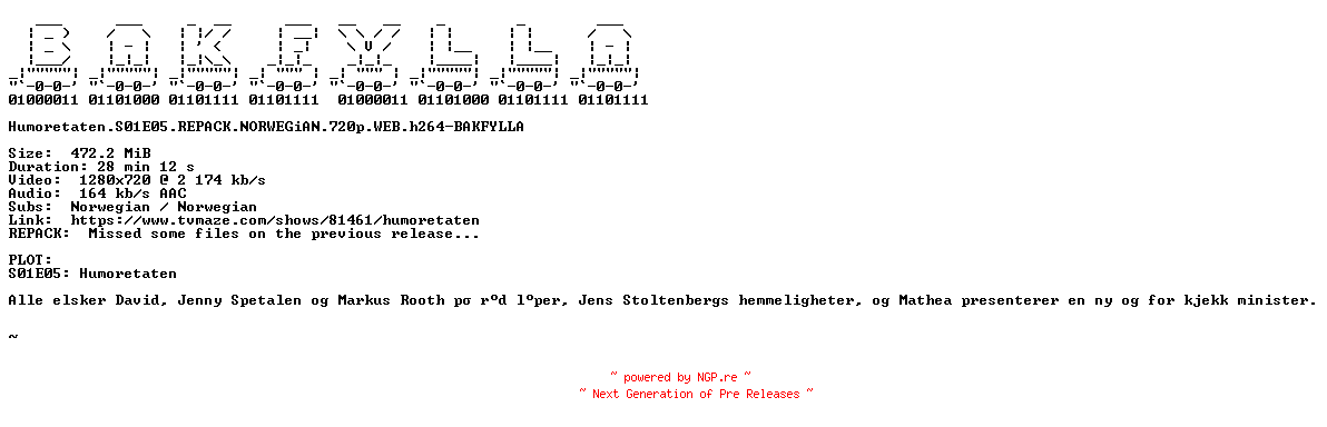 NFO for the release Humoretaten.S01E05.REPACK.NORWEGiAN.720p.WEB.h264-BAKFYLLA by BAKFYLLA