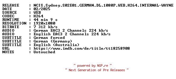 NFO for the release NCIS.Sydney.S02E01.GERMAN.DL.1080P.WEB.H264.INTERNAL-WAYNE by WAYNE