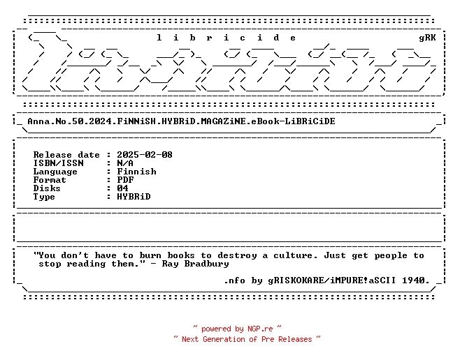 NFO for the release Anna.No.50.2024.FiNNiSH.HYBRiD.MAGAZiNE.eBook-LiBRiCiDE by LiBRiCiDE