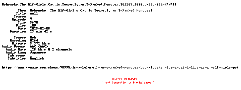 NFO for the release Beheneko.The.Elf-Girls.Cat.is.Secretly.an.S-Ranked.Monster.S01E07.1080p.WEB.H264-KAWAII by KAWAII