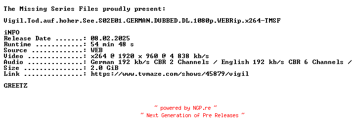 NFO for the release Vigil.Tod.auf.hoher.See.S02E01.GERMAN.DUBBED.DL.1080p.WEBRip.x264-TMSF by TMSF