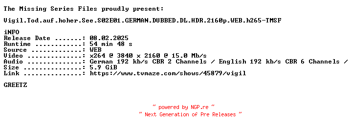NFO for the release Vigil.Tod.auf.hoher.See.S02E01.GERMAN.DUBBED.DL.HDR.2160p.WEB.h265-TMSF by TMSF