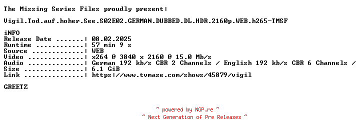 NFO for the release Vigil.Tod.auf.hoher.See.S02E02.GERMAN.DUBBED.DL.HDR.2160p.WEB.h265-TMSF by TMSF
