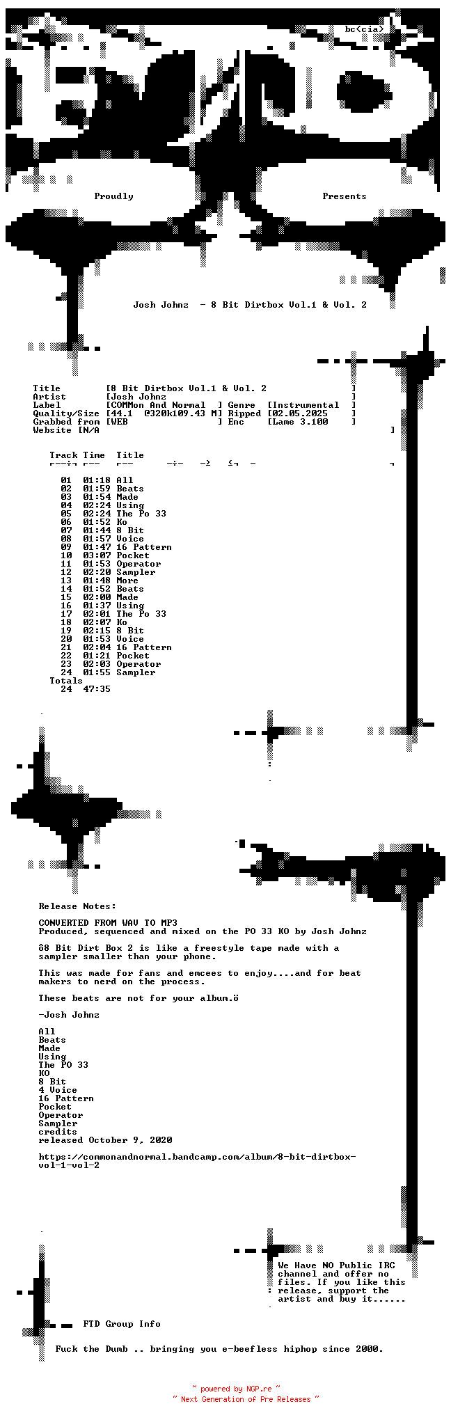 NFO for the release Josh_Johnz-8_Bit_Dirtbox_Vol.1_and_Vol._2-WEB-2020-FTD by FTD