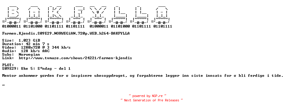 NFO for the release Farmen.Kjendis.S09E29.NORWEGiAN.720p.WEB.h264-BAKFYLLA by BAKFYLLA