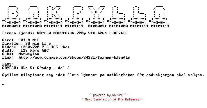 NFO for the release Farmen.Kjendis.S09E30.NORWEGiAN.720p.WEB.h264-BAKFYLLA by BAKFYLLA