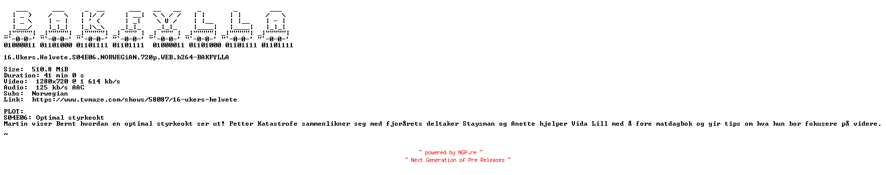 NFO for the release 16.Ukers.Helvete.S04E06.NORWEGiAN.720p.WEB.h264-BAKFYLLA by BAKFYLLA