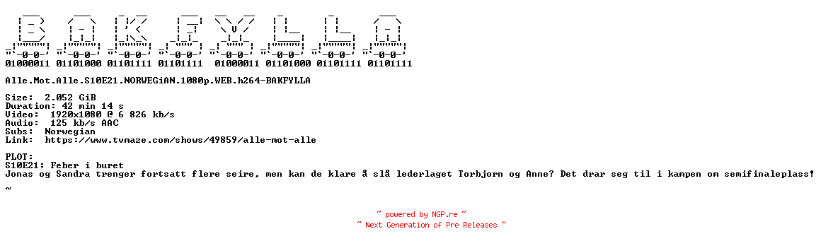 NFO for the release Alle.Mot.Alle.S10E21.NORWEGiAN.1080p.WEB.h264-BAKFYLLA by BAKFYLLA