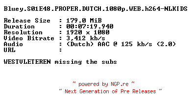 NFO for the release Bluey.S01E48.PROPER.DUTCH.1080p.WEB.h264-NLKIDS by NLKIDS