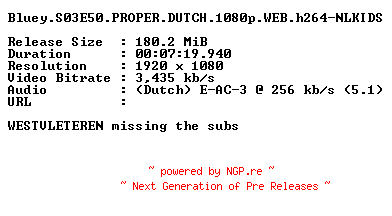 NFO for the release Bluey.S03E50.PROPER.DUTCH.1080p.WEB.h264-NLKIDS by NLKIDS